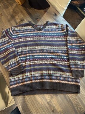 Vintage Multicolor Patterned V-Neck Sweater